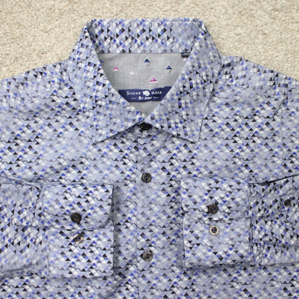 Stone Rose Shirt Mens‎ 4 / Large Gray/Blue Geometric Cotton Stretch Long Sleeve